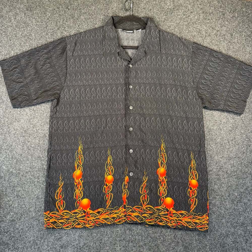 ODO Vintage Y2K Flame Skulls All Over Print Button Up Short Sleeve Shirt XL